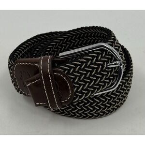 ROOSTAS "The Maui" 2 Tone Woven Stretch Belt Black Tan Leather Chrome Mens M NWT